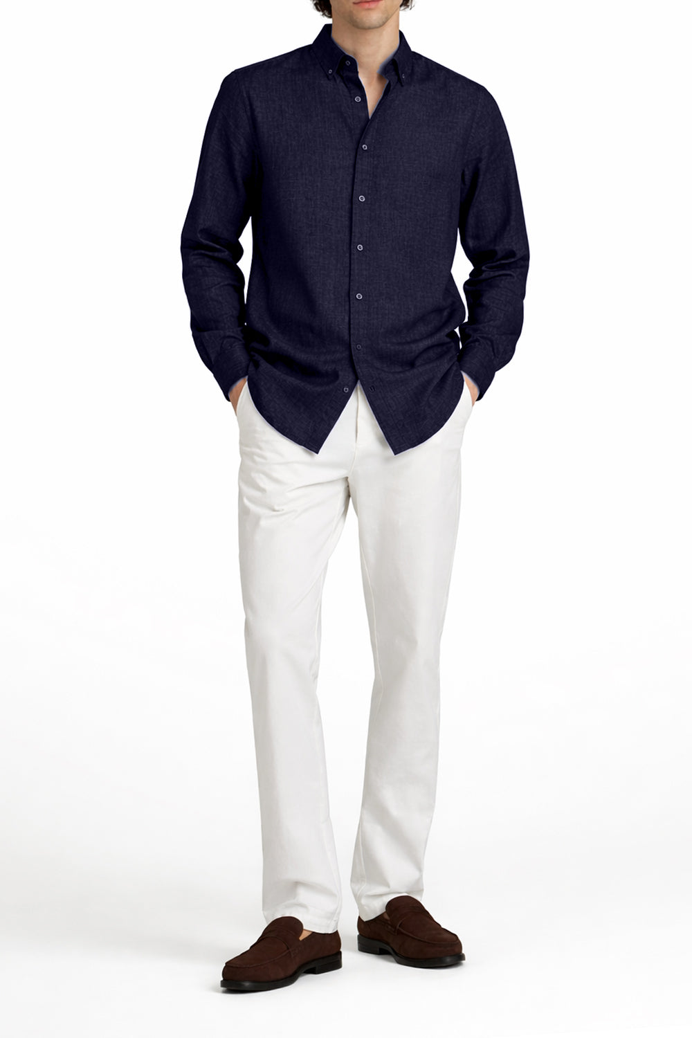 Cavendish Wear Oxford Navy Linen Shirt styled view