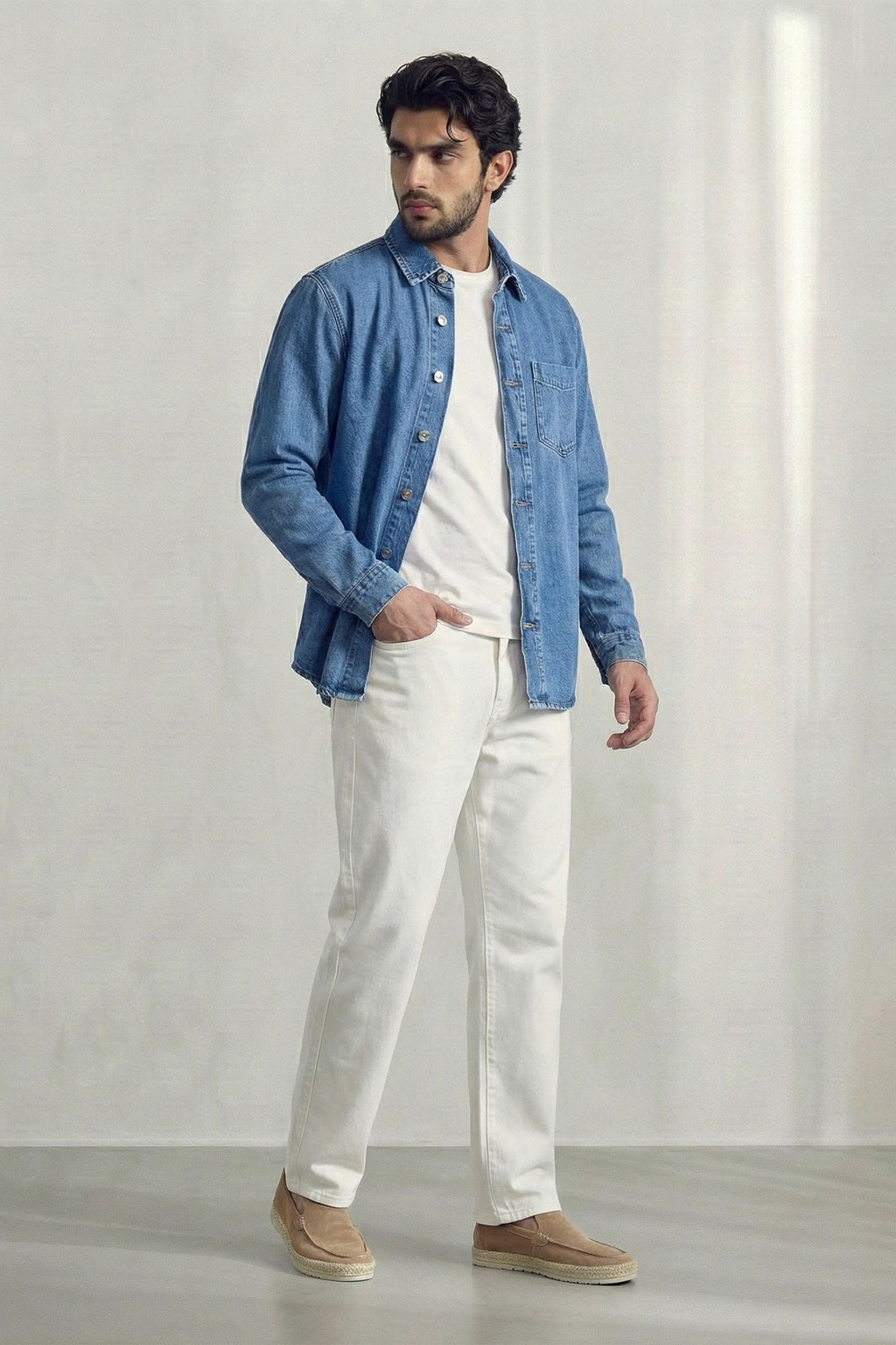 Cavendish Wear Mid Blue Relaxed Fit Denim Shirt styled view