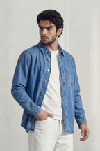 Cavendish Wear Mid Blue Relaxed Fit Denim Shirt front view