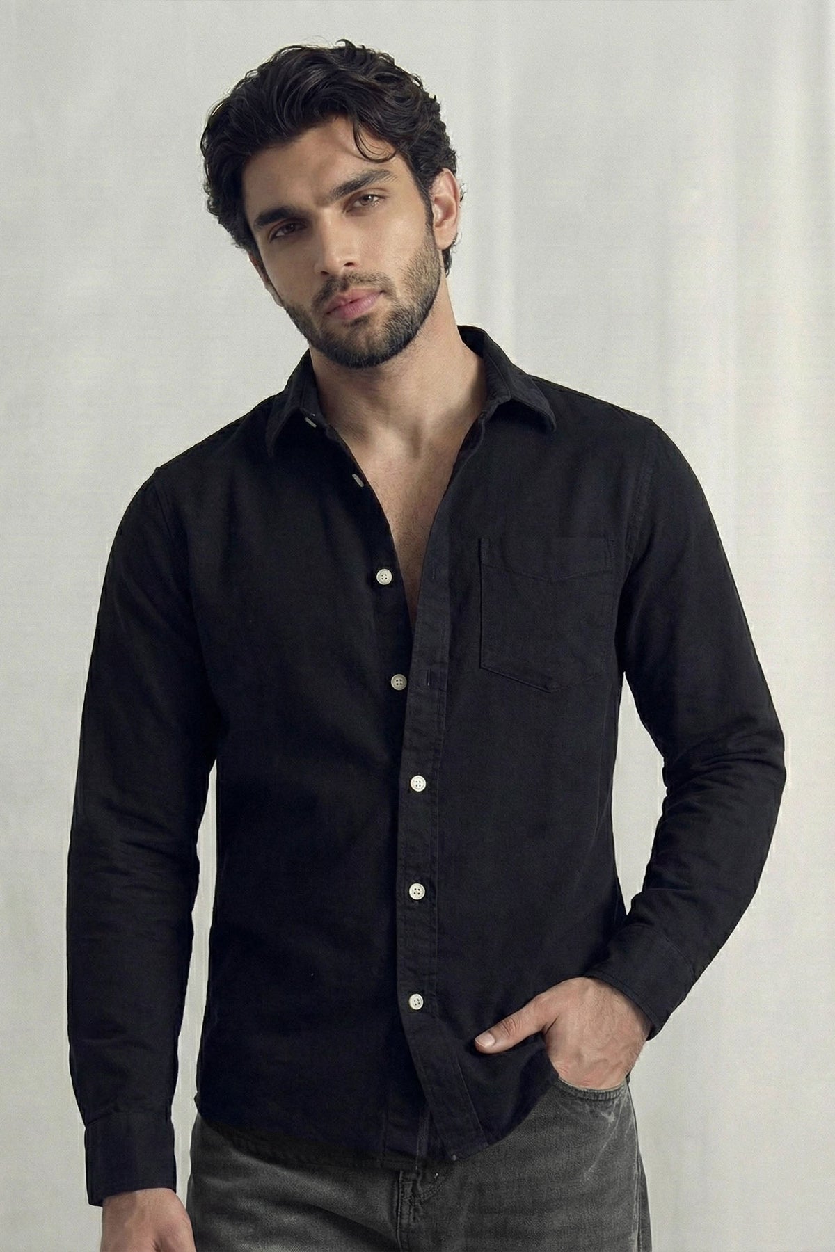 Cavendish Wear Jet Black Relaxed Fit Denim Shirt front view